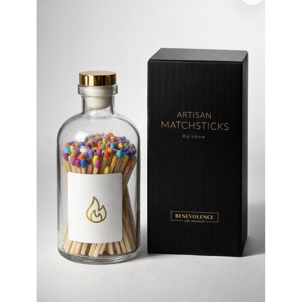 Benevolence Artisan Rainbow‎ Matchsticks In Glass 4in Wooden Candle Apothecary